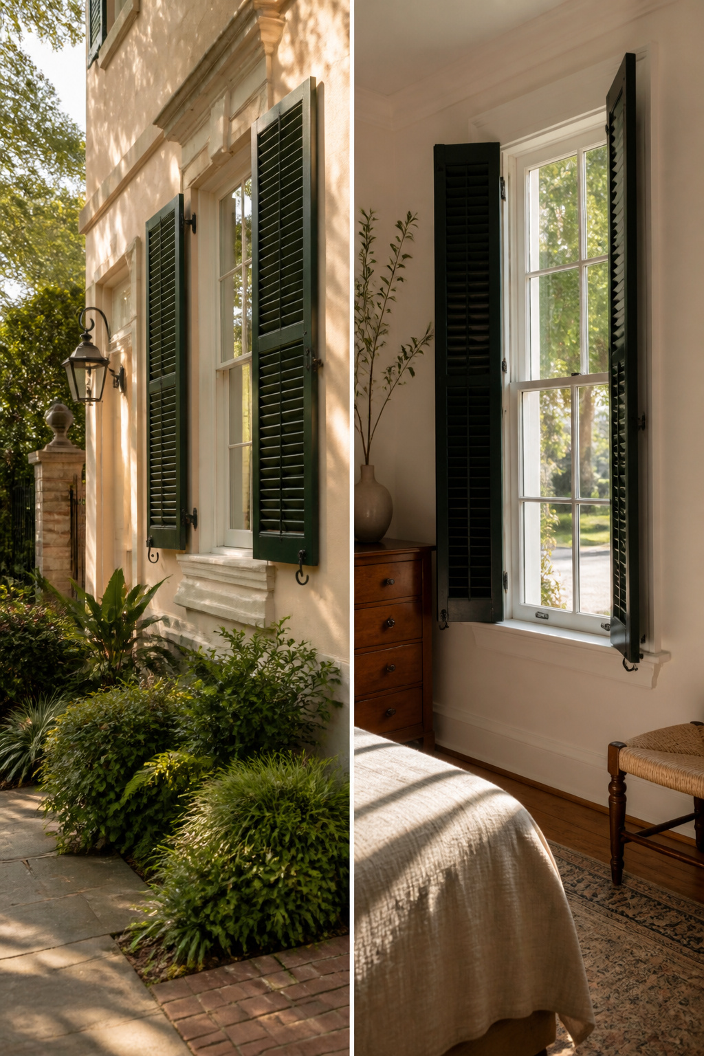 Shutters painted in Charleston Green showing depth in sunlight.