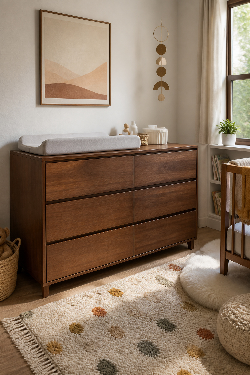 Babyletto Yuzu 6-Drawer Dresser with baby items in a nursery.