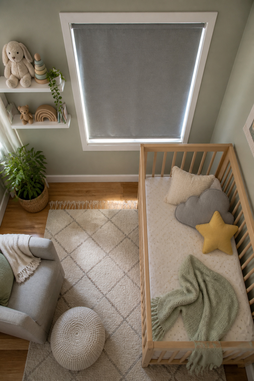 Homemade blackout panels using utility fabric in a nursery.