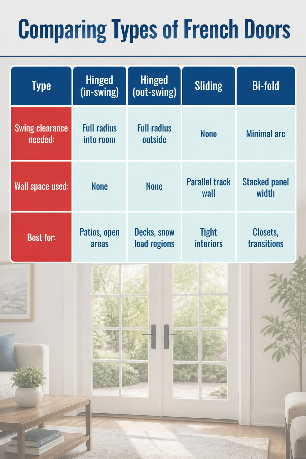Chart comparing types of French doors and their space requirements.