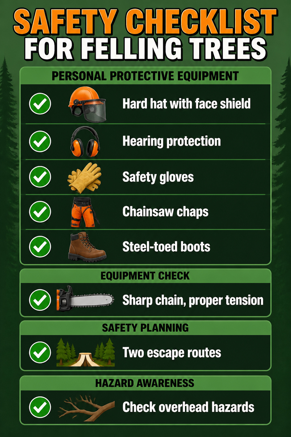 A checklist detailing safety equipment for felling trees.