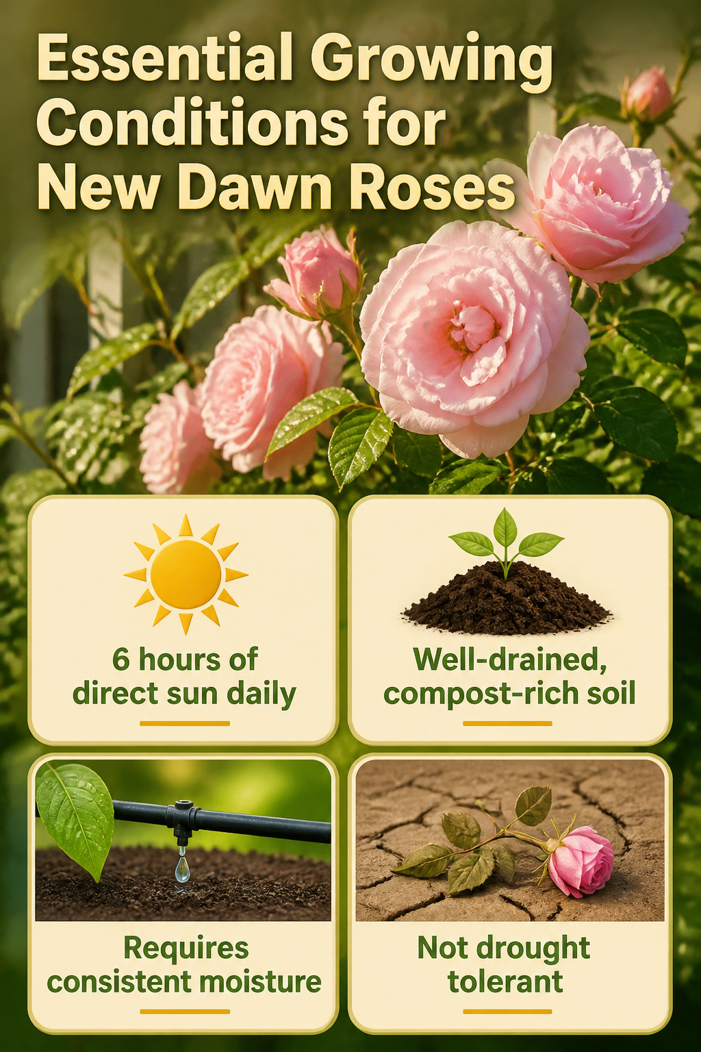 A graphic illustrating essential growing conditions for New Dawn roses.
