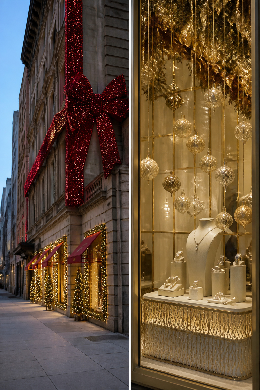 Holiday window display at Cartier wrapped in a glowing red bow.