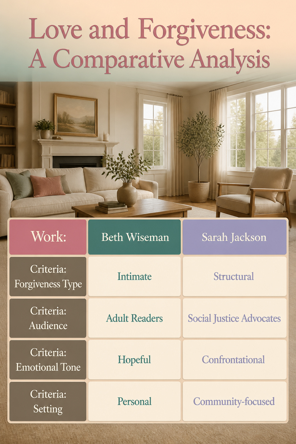 An infographic comparing themes of love and forgiveness in various works.