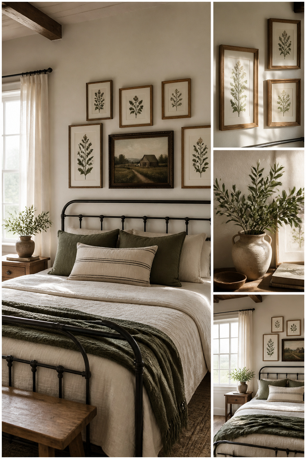 Farmhouse bedroom featuring botanical prints and rustic wall art.