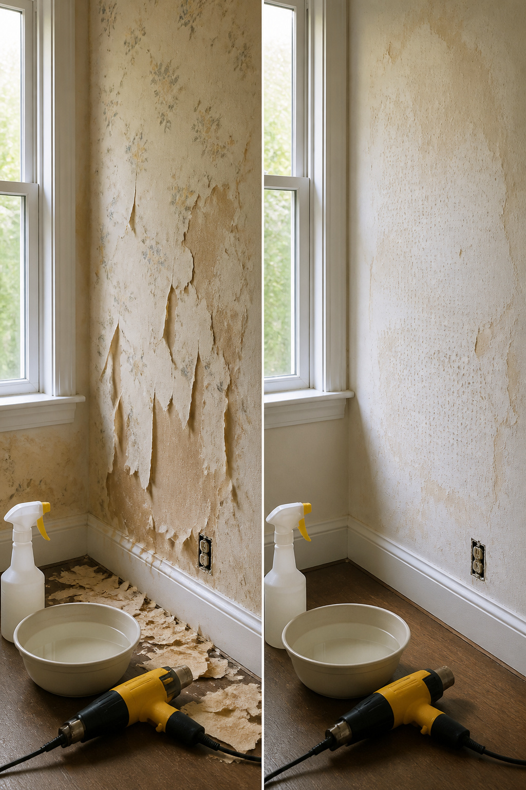 Vinyl wallpaper lifting off, exposing paper backing underneath.