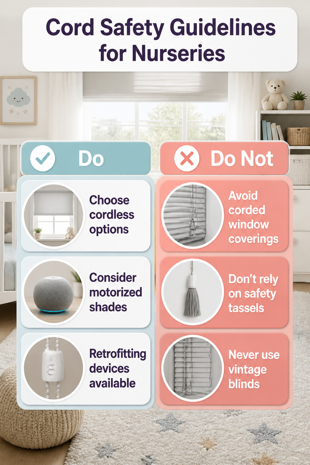 Information image on cord safety guidelines for nurseries.