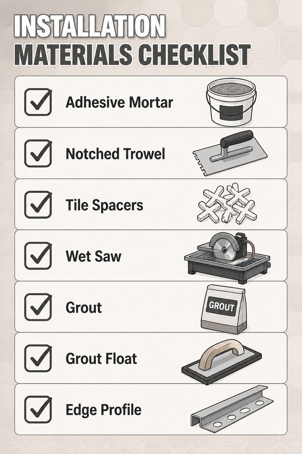 White Hexagon Tile Floor: Materials, Specs and Installation Guide 9 Checklist of materials needed for white hexagon tile installation.