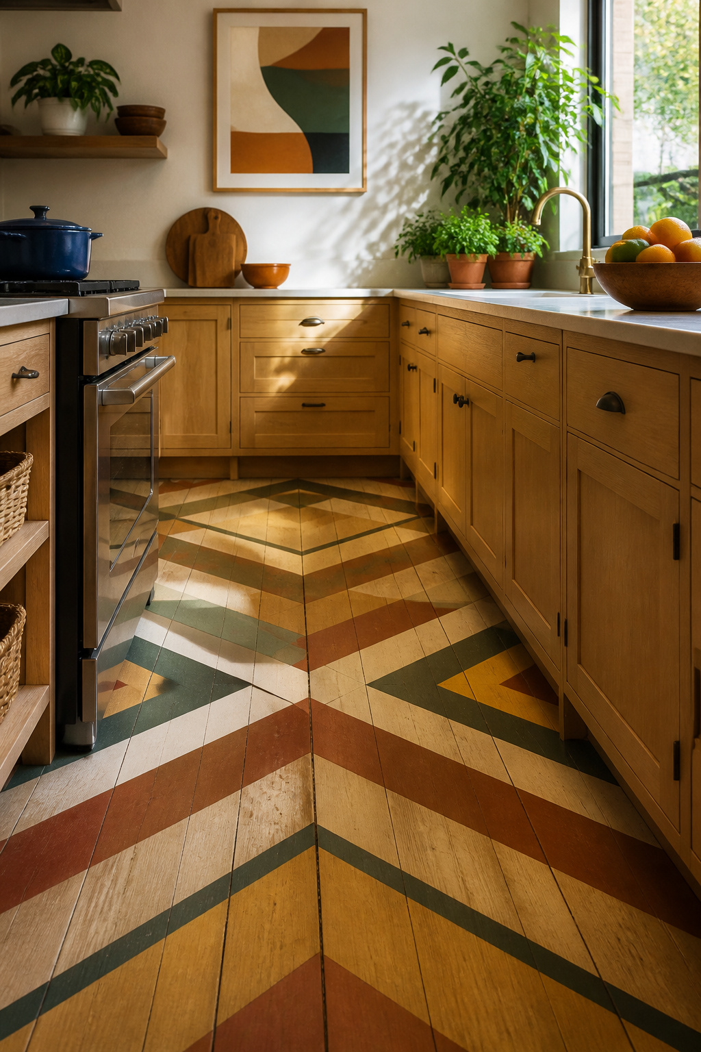 Kitchen floor with custom geometric painted design on oak.