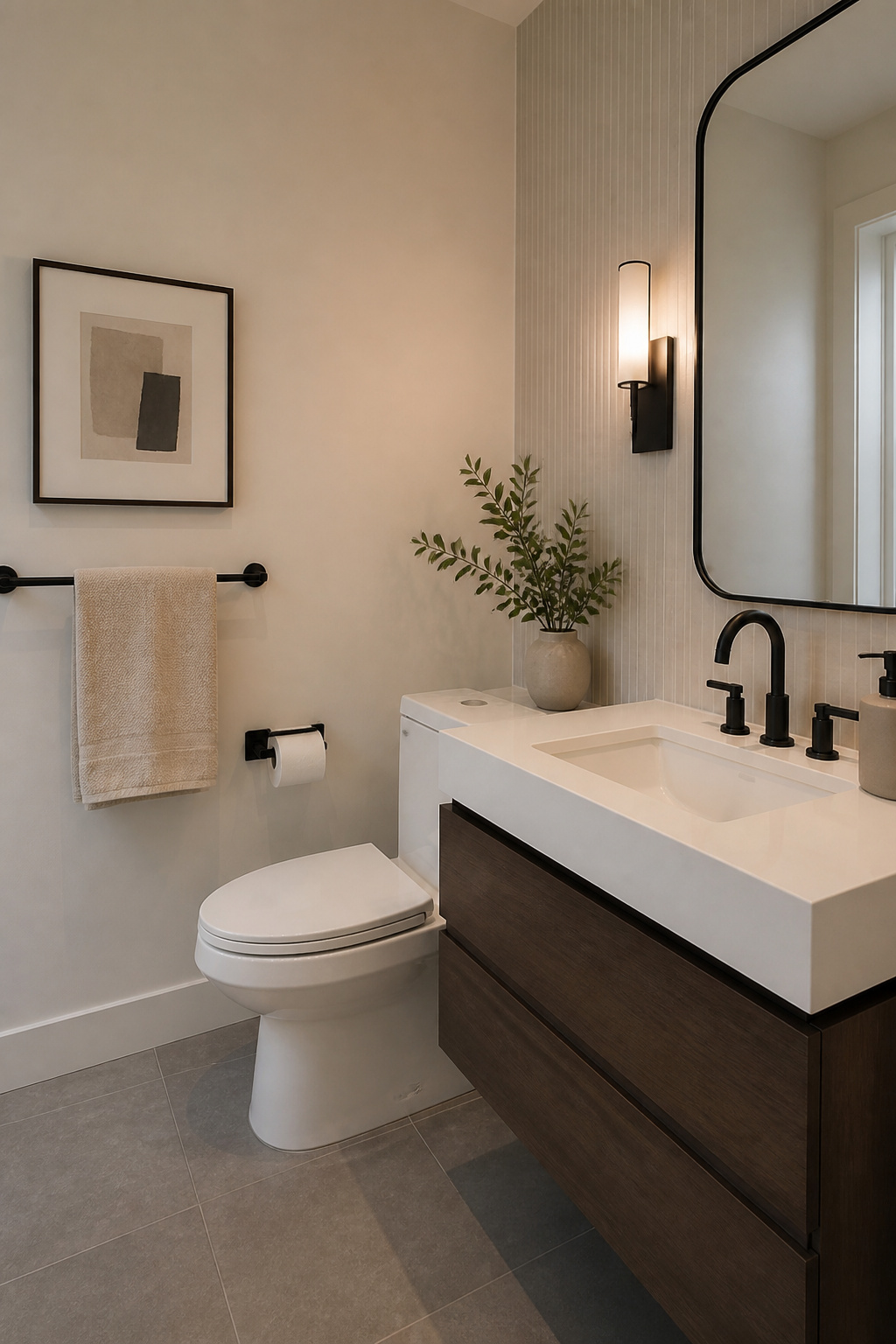 11 Half Bath Renovation Ideas for Style on a Budget (2026) 9 Modern matte black faucet and accessories in a stylish half bath.