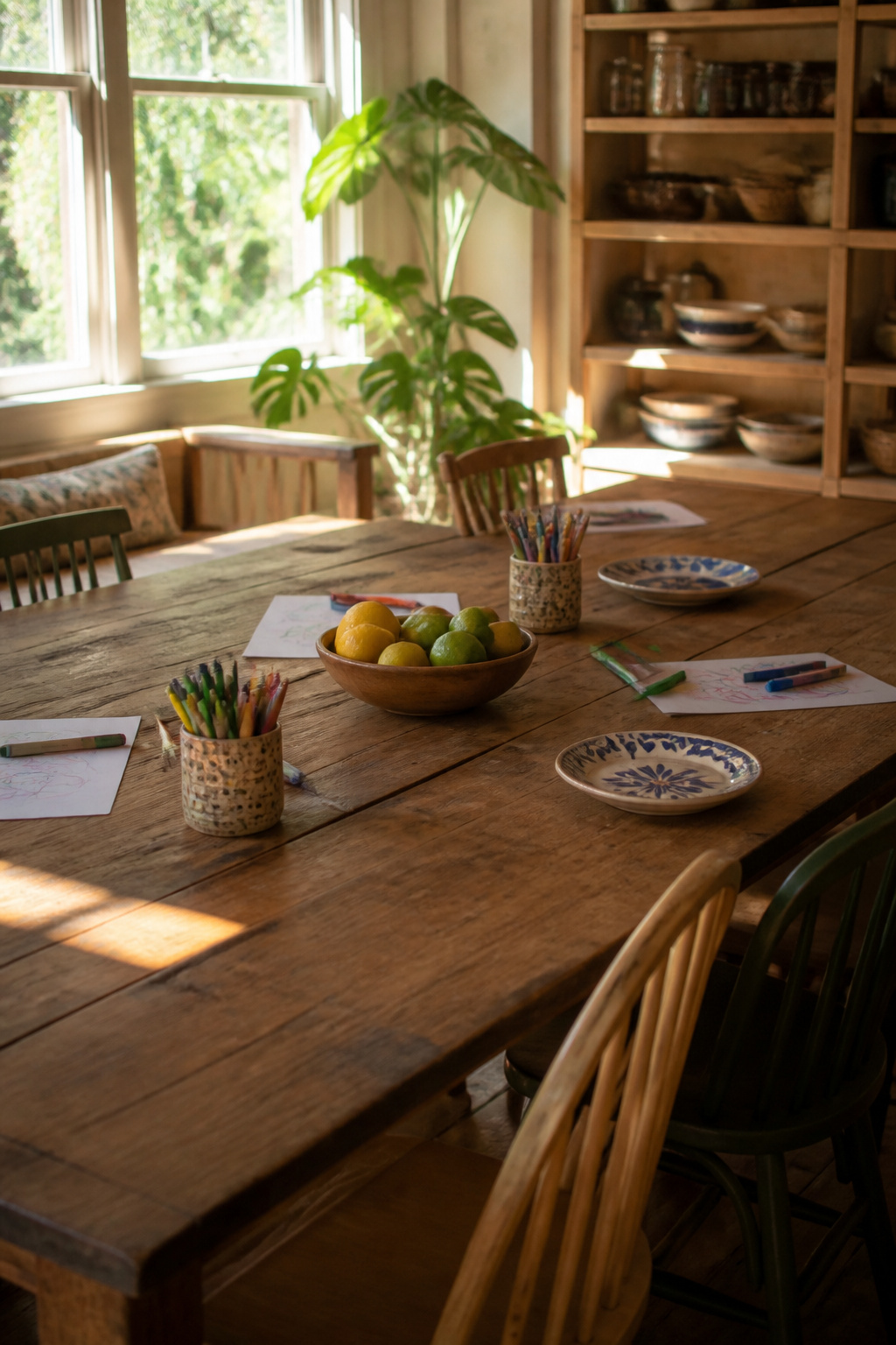 A kitchen table with papers, markers, and a bowl of fruit.