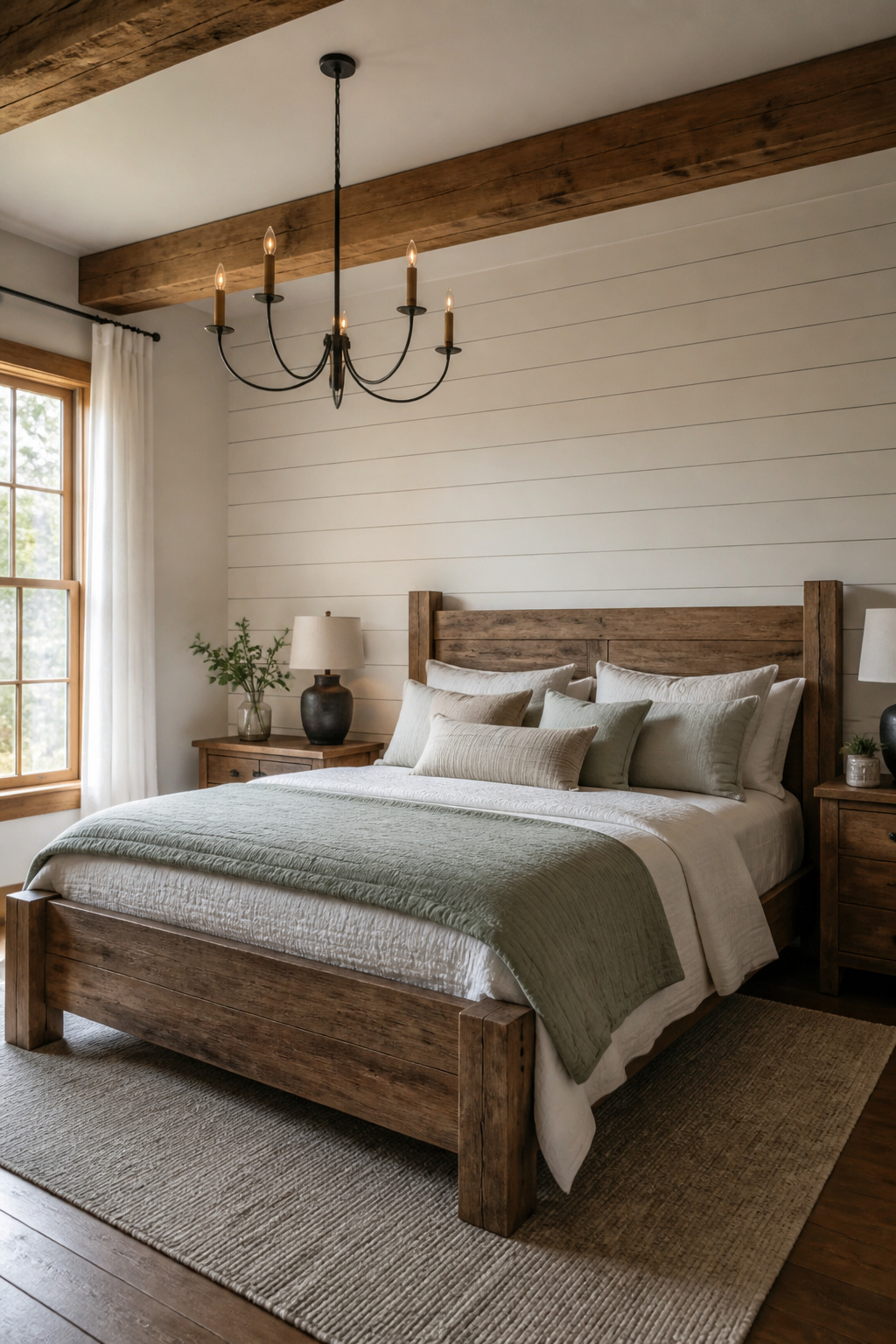 Farmhouse bedroom with a shiplap accent wall behind the bed.
