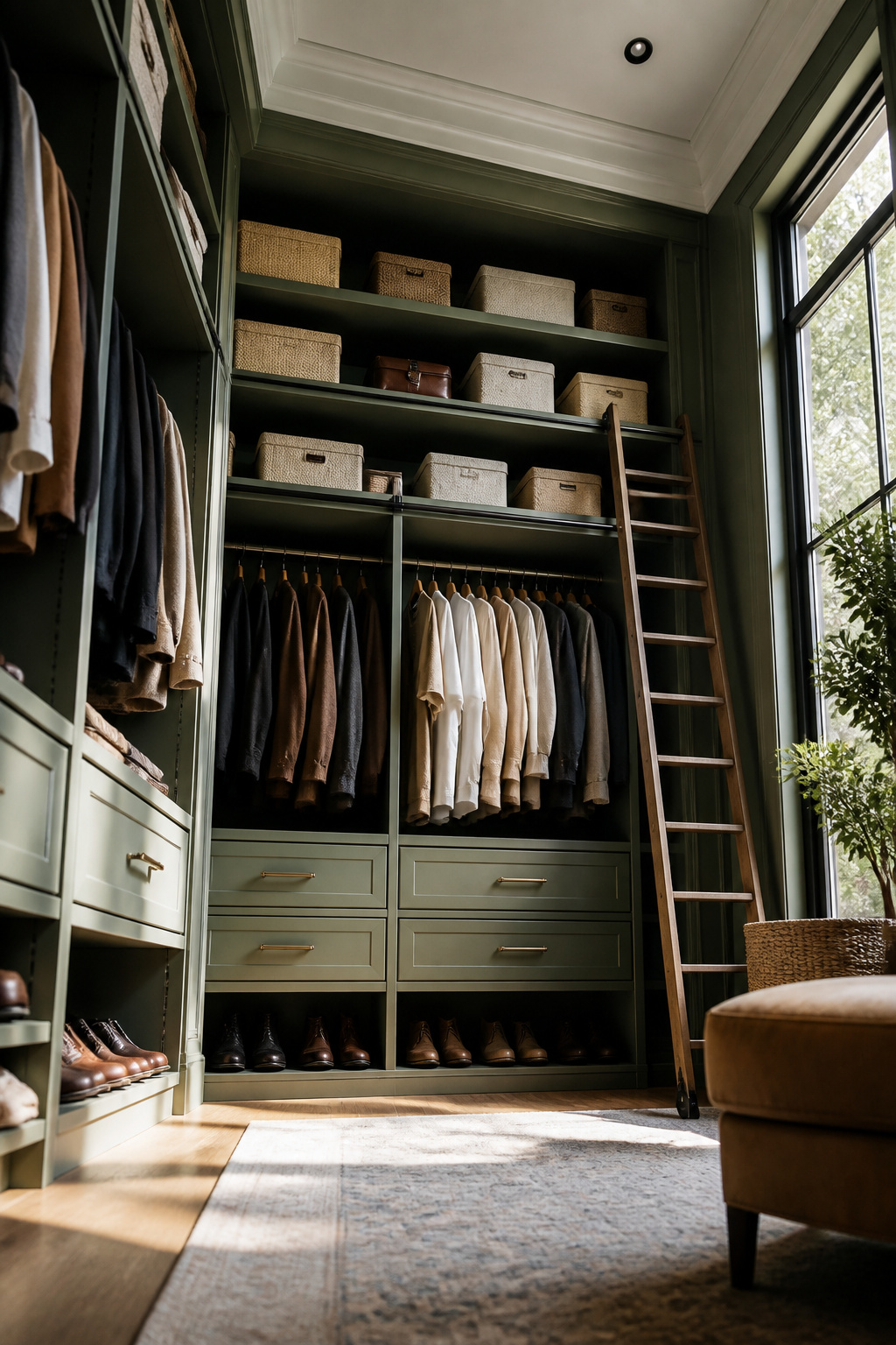 High shelves in a closet, filled with storage bins.