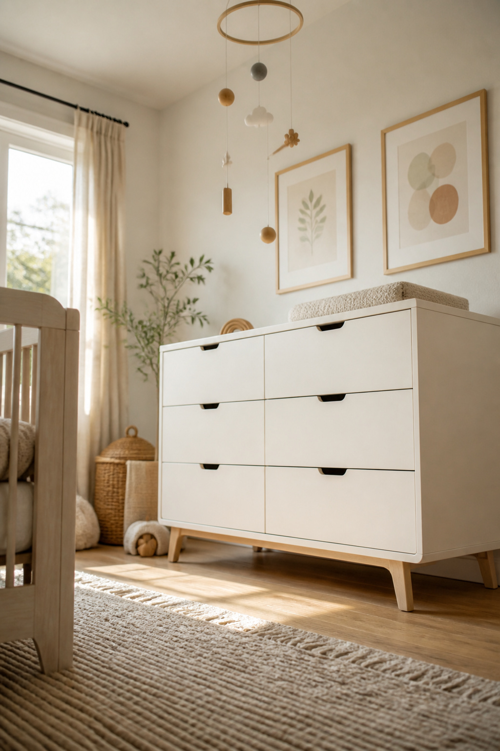 Oeuf 6-Drawer Sparrow Dresser in a nursery corner.