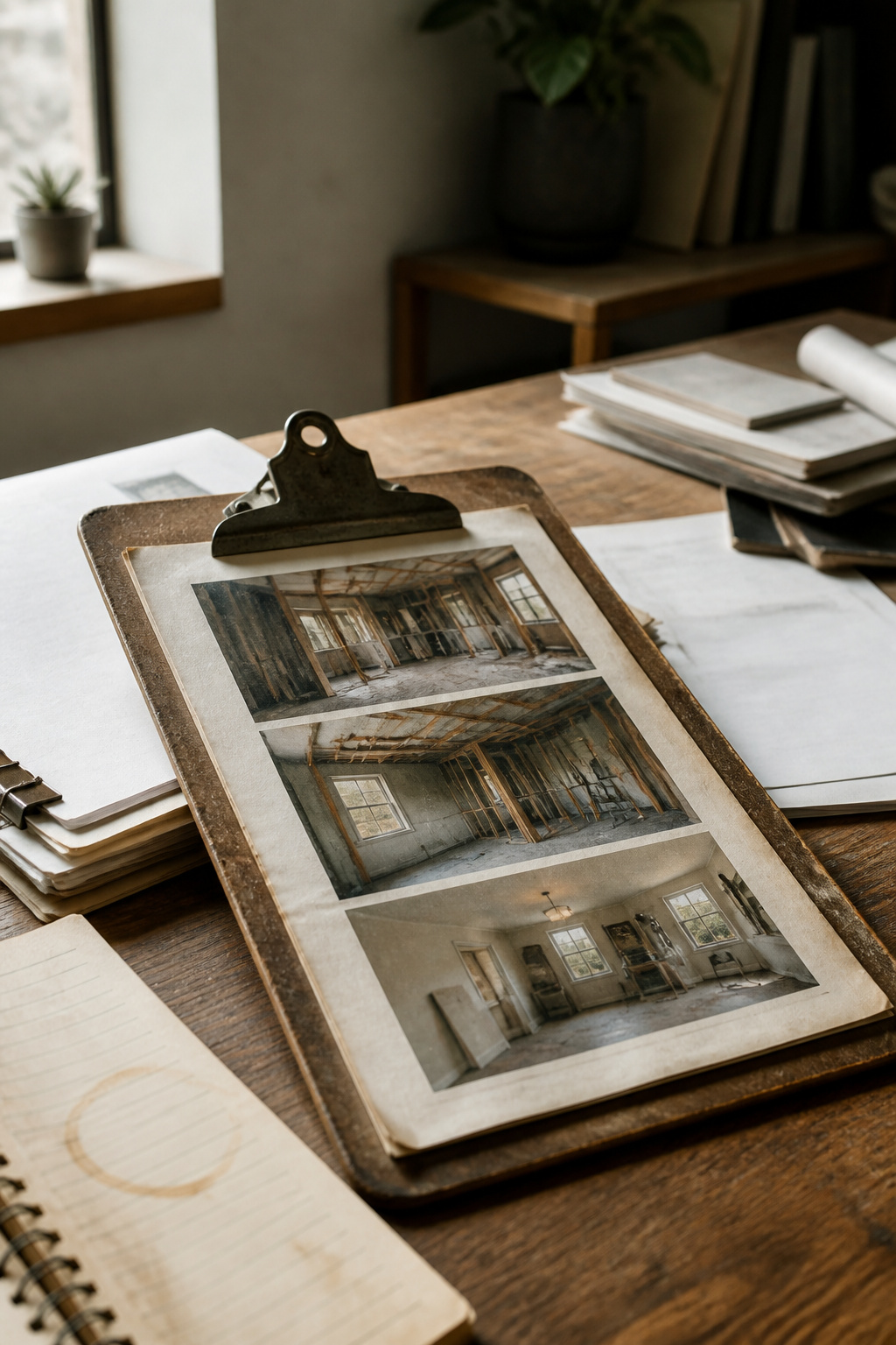 A clipboard with annotated renovation photos and change orders.
