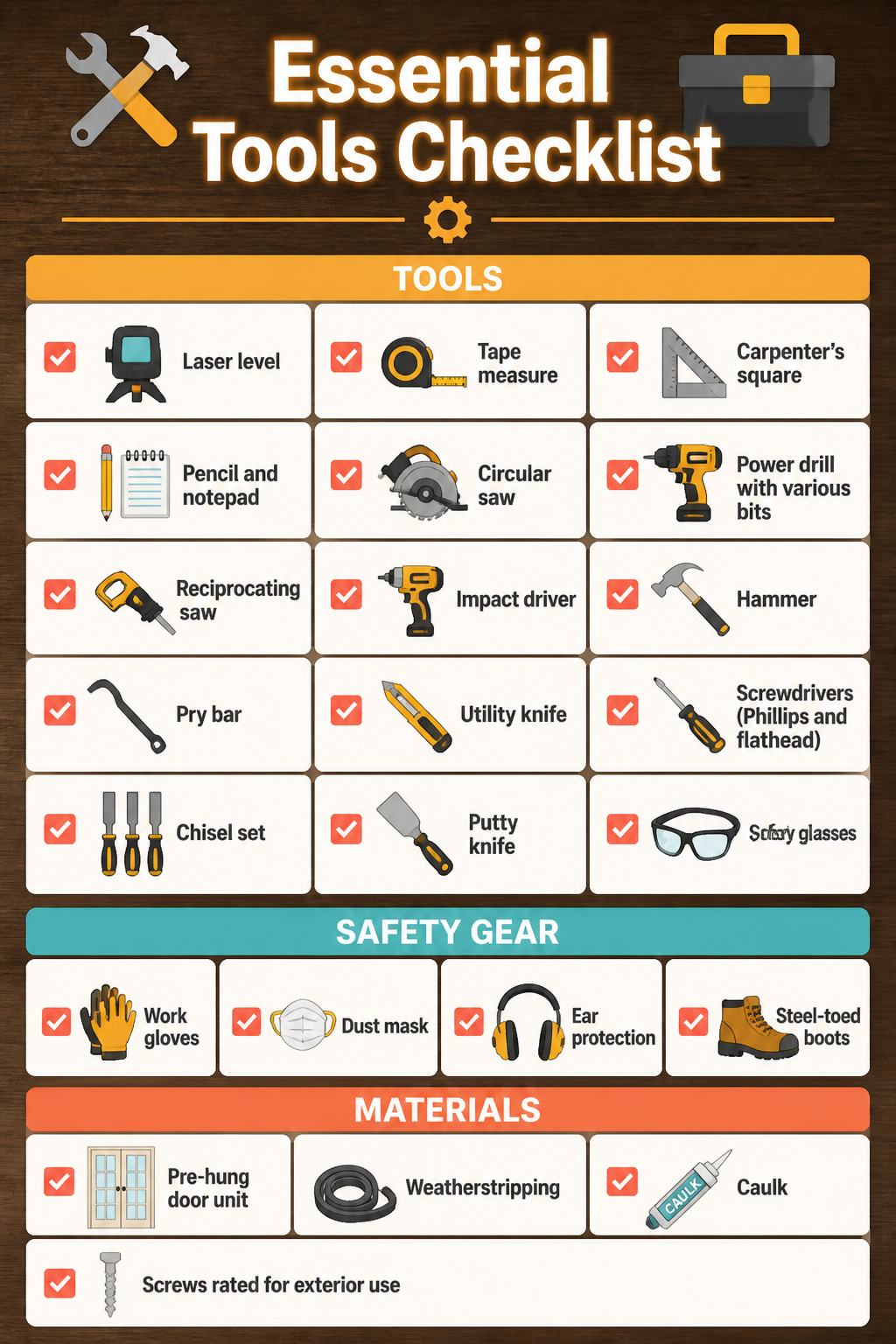 Checklist of tools needed for French door installation.