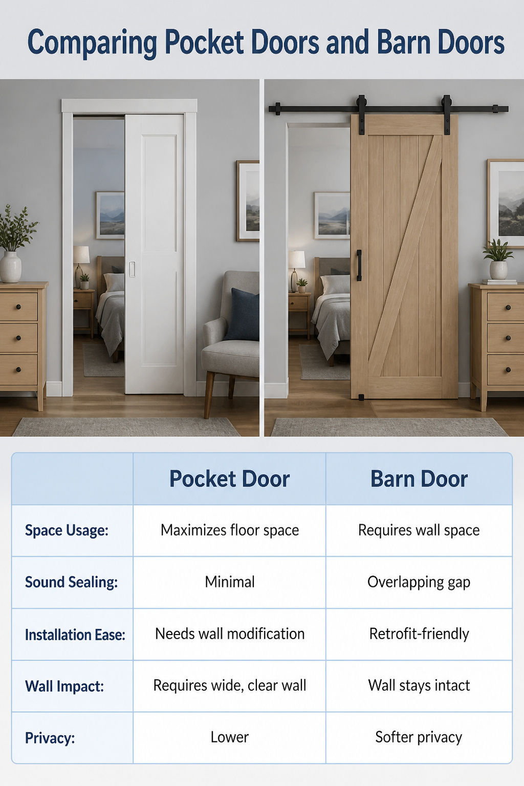 An infographic comparing pocket doors and barn doors in a bedroom.