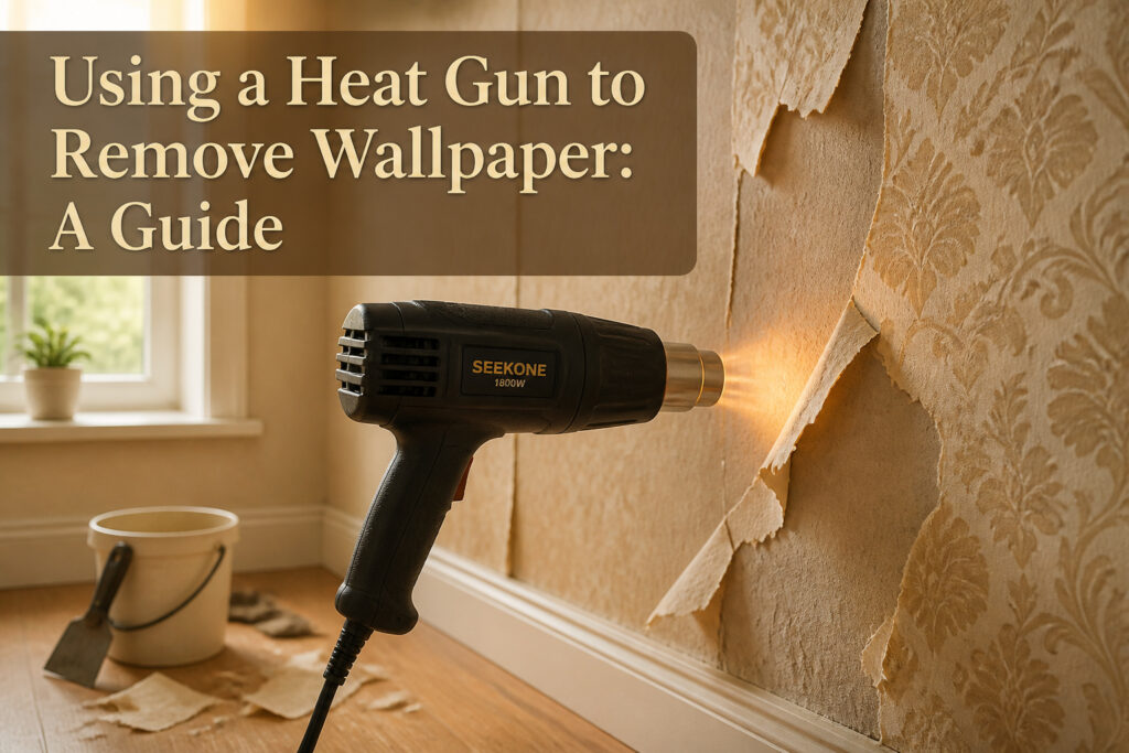 Heat gun, putty knife, gloves, and other tools for wallpaper removal.