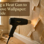 Heat gun, putty knife, gloves, and other tools for wallpaper removal.