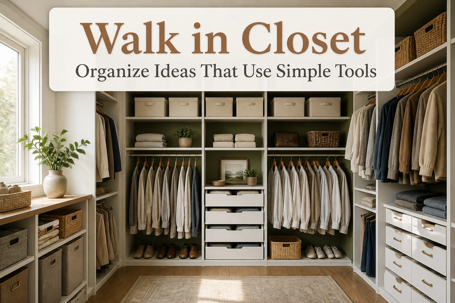 A bright walk-in closet with organized shelves and decorative elements.