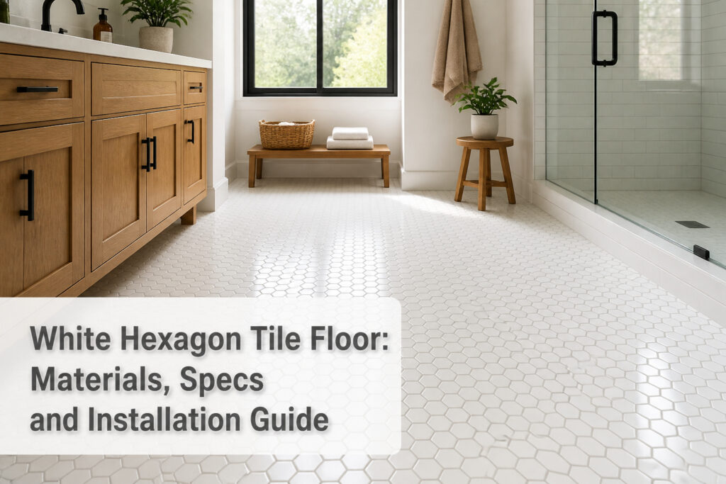 White hexagon tile floor in a bathroom with natural light and decor.