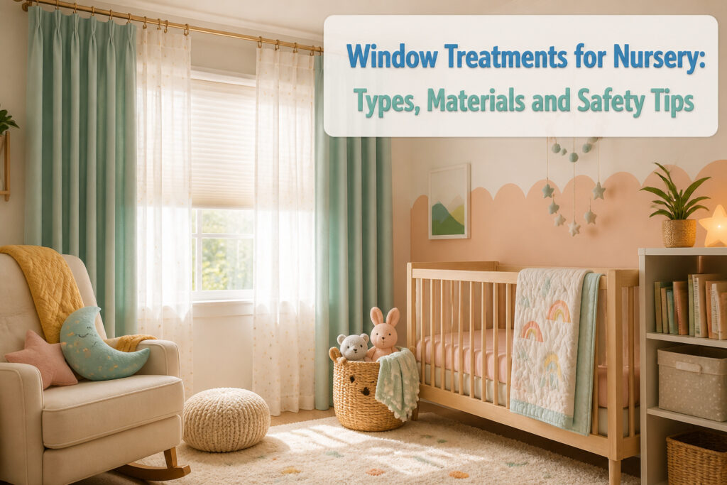 A nursery with multiple window treatments including curtains and shades.