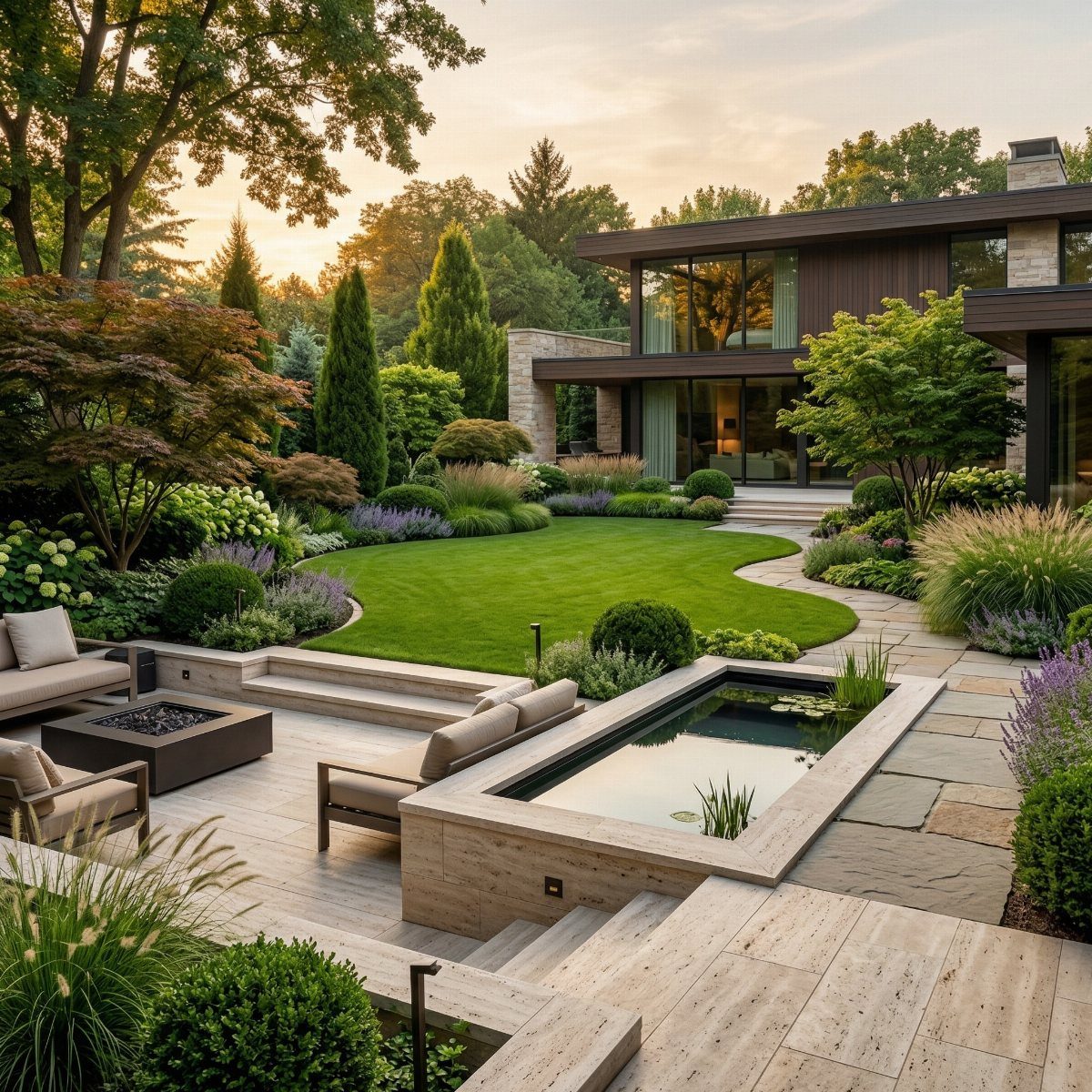 A modern landscaped backyard with a green lawn, stone patio, water feature, and lush garden plants.