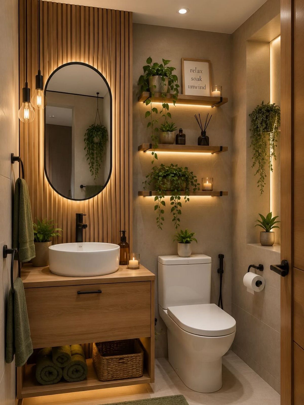 Wooden floating shelves with green plants and decor mounted on a beige bathroom wall above a toilet.