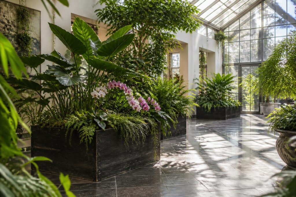A collage of various indoor botanical gardens showcasing different plant species.