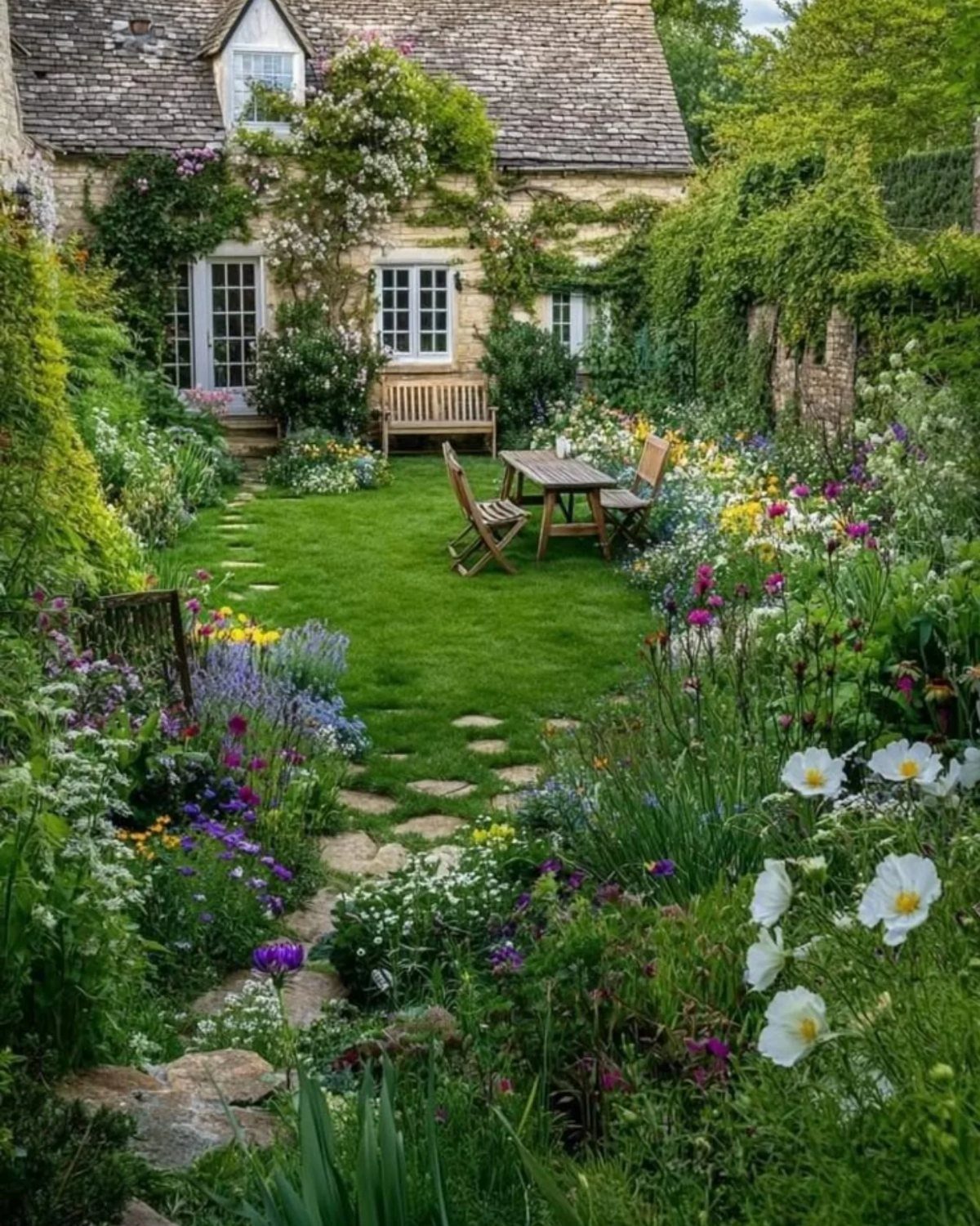 A lush cottage garden with colorful flowers, a stone path, and a wooden table on a green lawn.