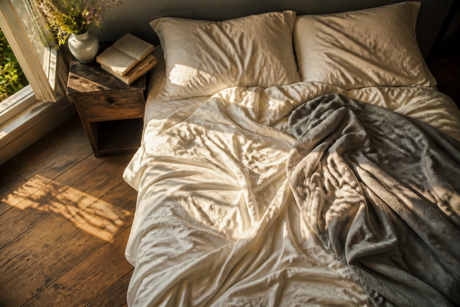 A clean bedroom with a made bed, tidy nightstand, and soft lighting.