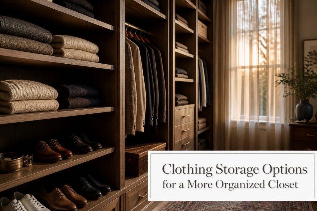 An organized closet featuring various clothing storage options.