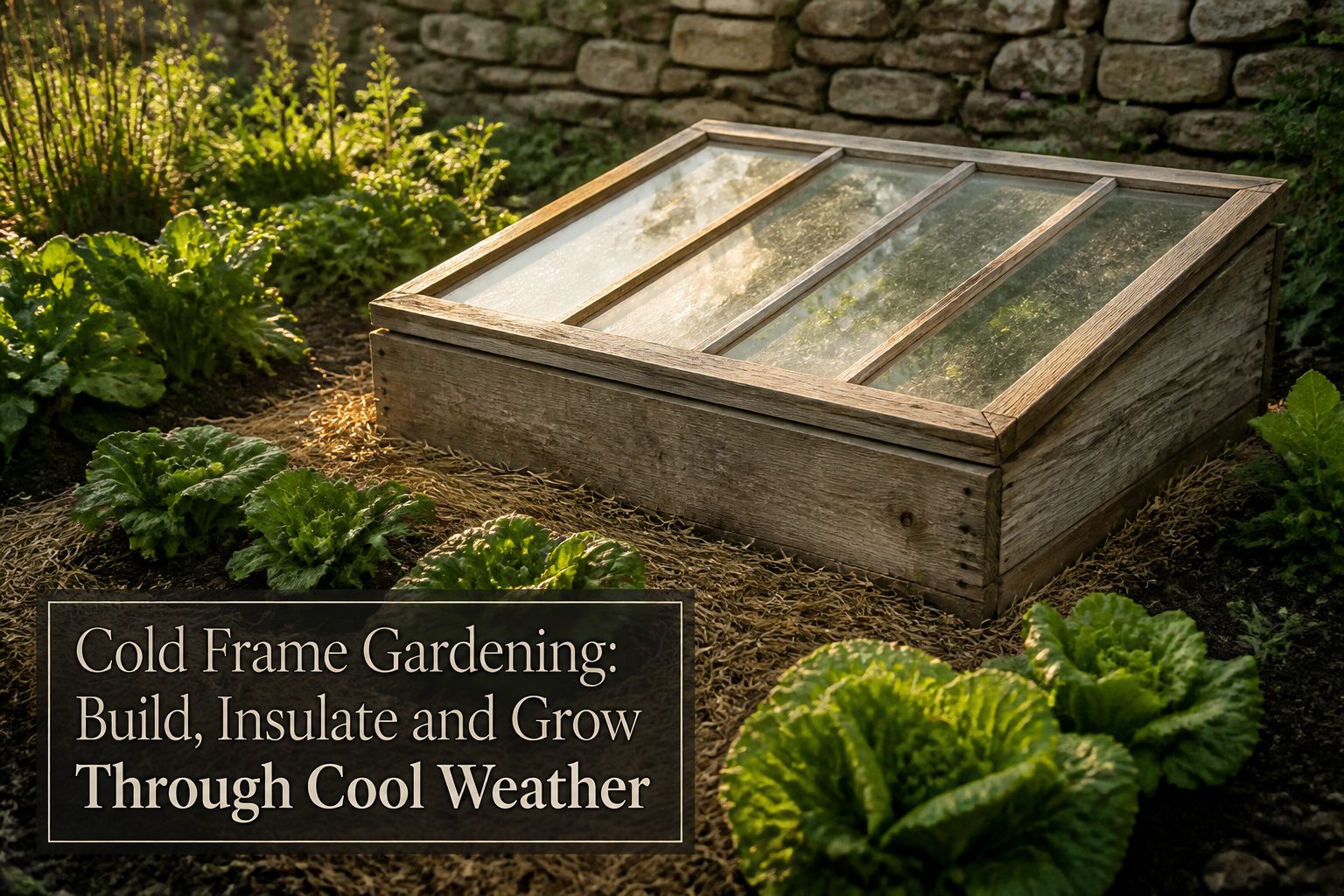 A cold frame filled with green plants, sunlight filtering through the glass lid.