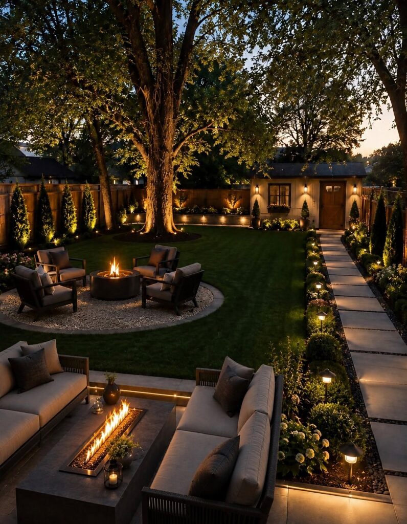 A beautifully lit backyard garden with cozy seating areas, fire pits, and a stone walkway at twilight.