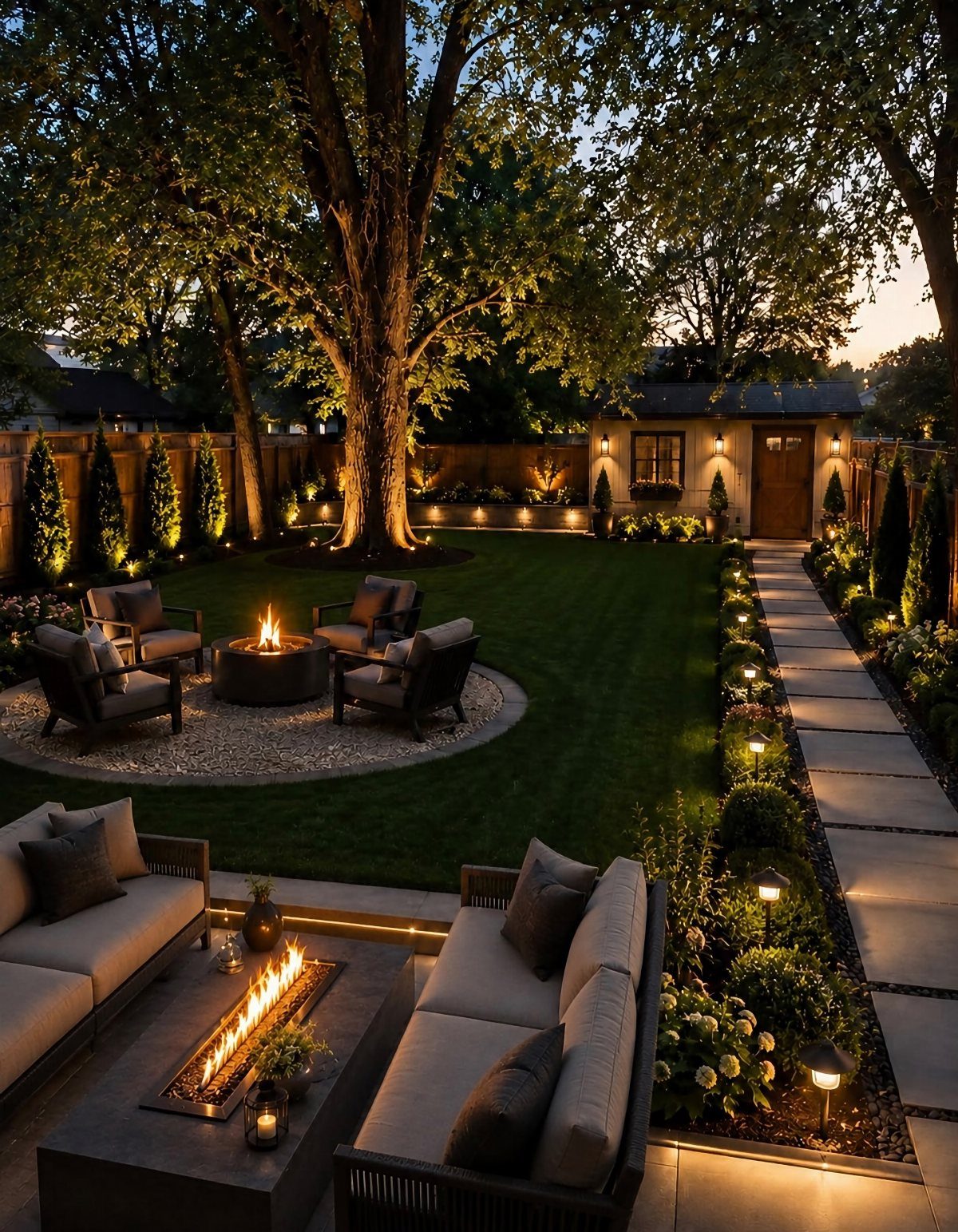 A beautifully lit backyard garden with cozy seating areas, fire pits, and a stone walkway at twilight.