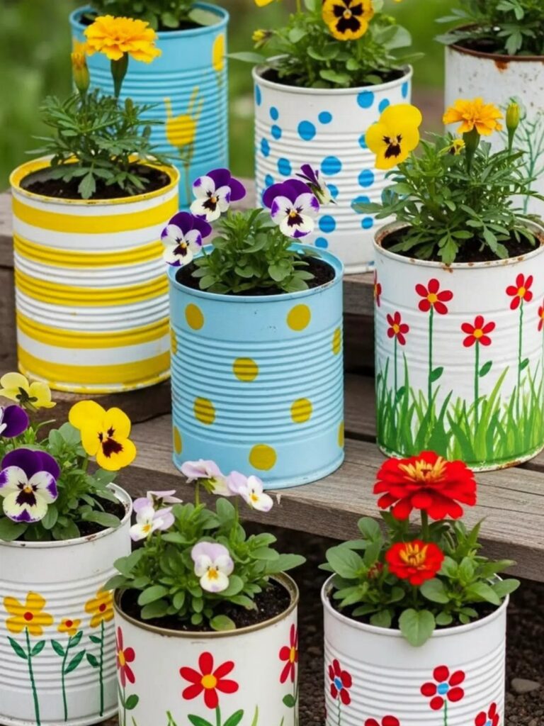 Hand-painted tin can planters with various colorful patterns and small flowering plants on a wooden bench.