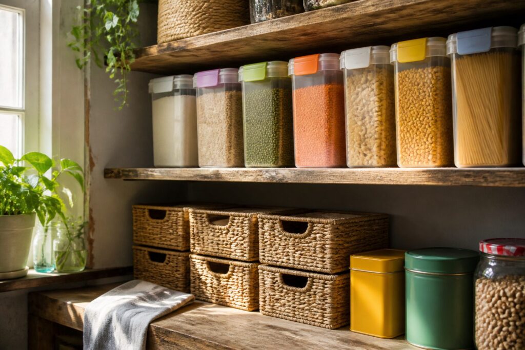 An assortment of home organization ideas using Dollar Tree products.