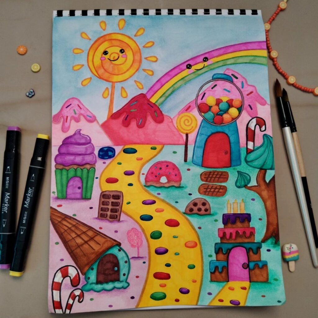 A colorful watercolor drawing of a whimsical candy land landscape with sweets and a rainbow.