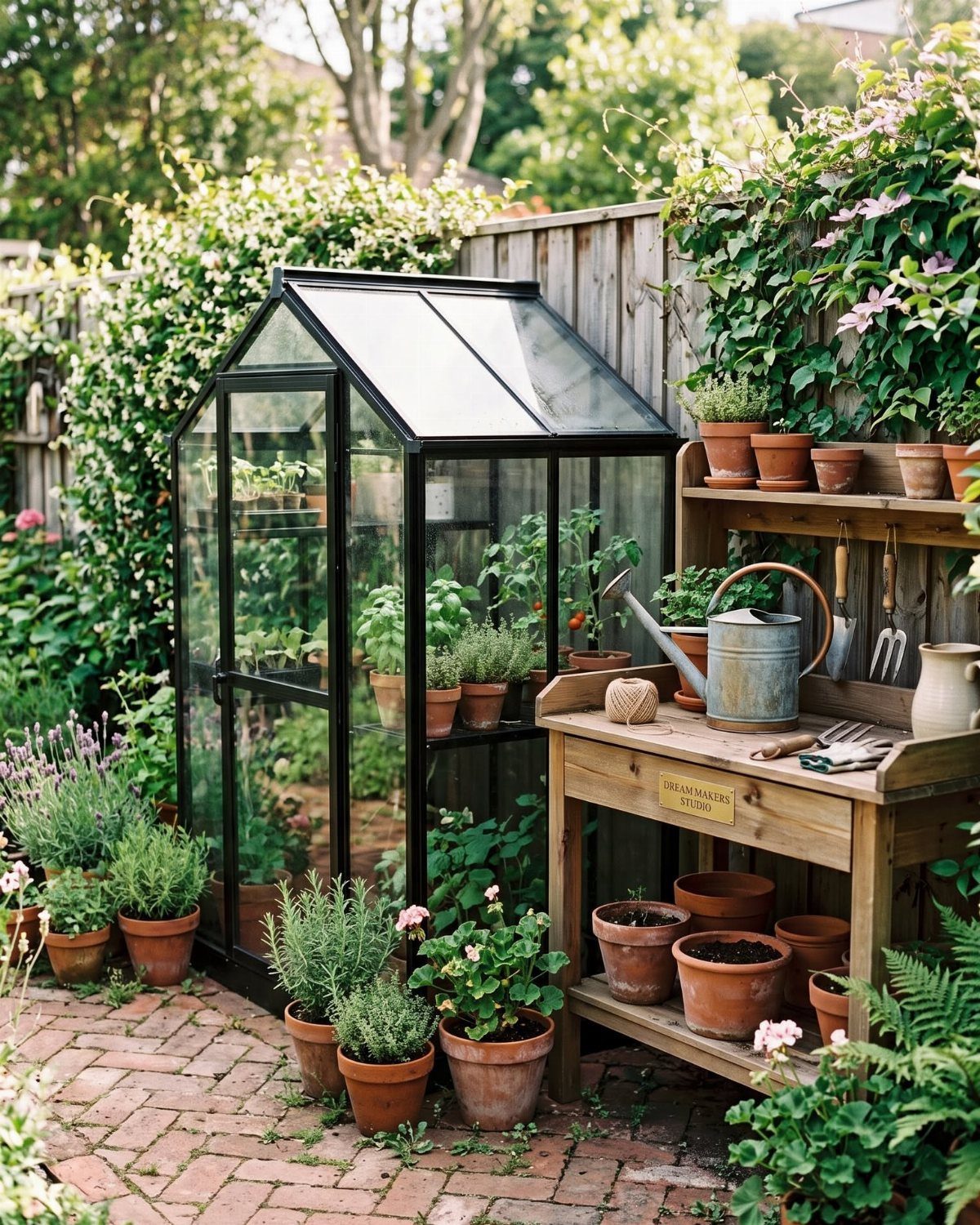 A glass greenhouse and a wooden potting bench filled with many terracotta plant pots on a brick patio.