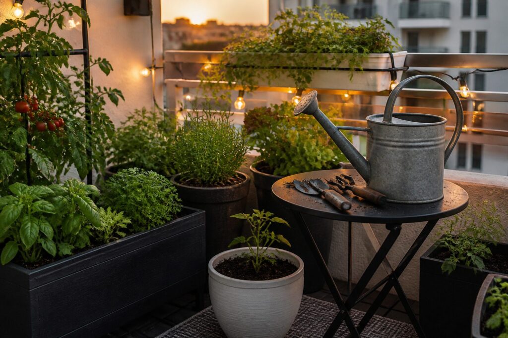 A small balcony garden with various compact planters and plants