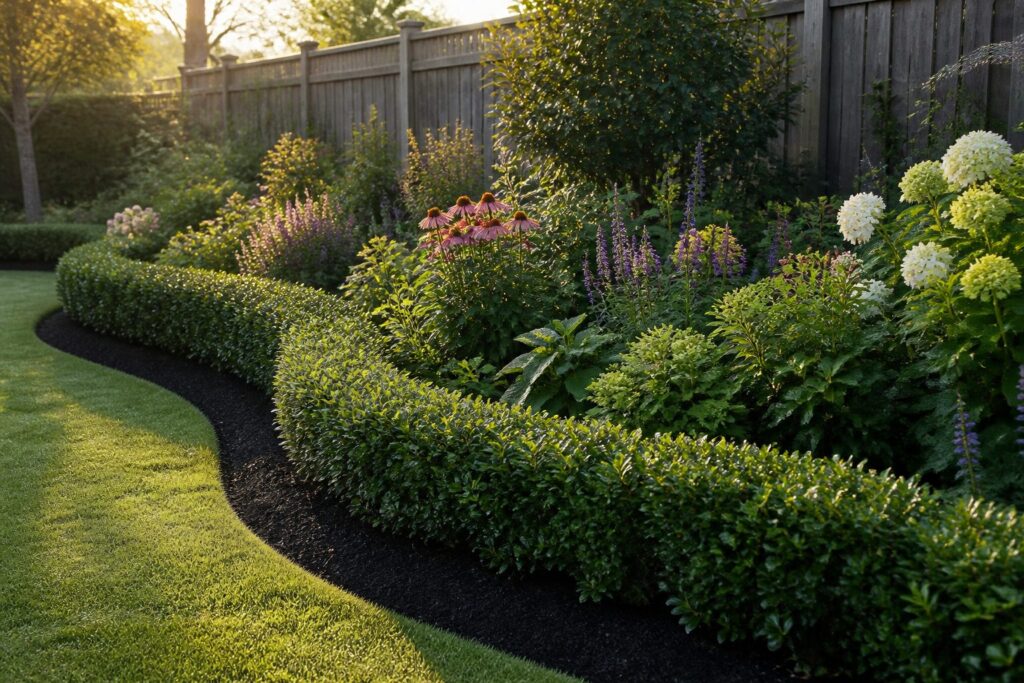 A tranquil suburban backyard with dew on lush, vibrant greenery.