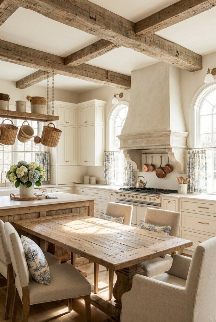 A rustic French country kitchen with wooden ceiling beams, white cabinets, and a large plaster range hood.