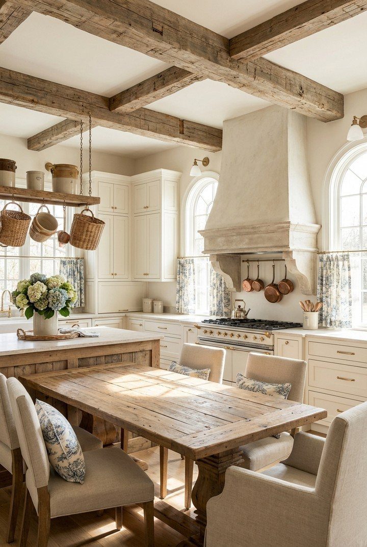 A rustic French country kitchen with wooden ceiling beams, white cabinets, and a large plaster range hood.
