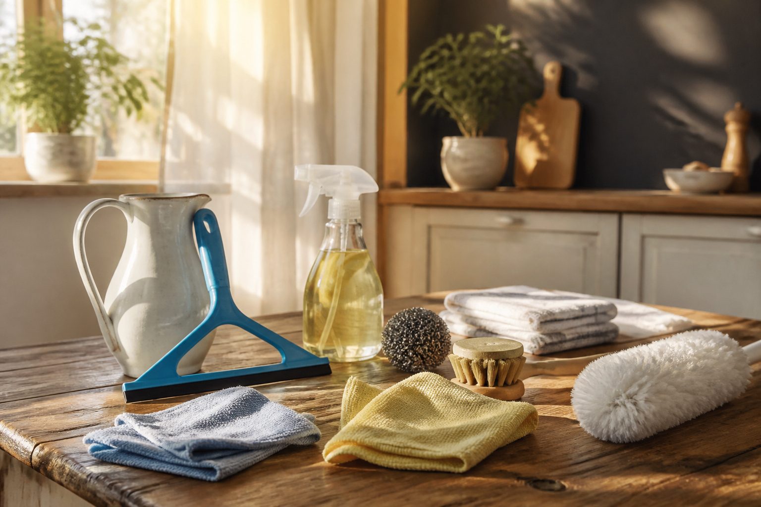 Various home cleaning tools including cloths, a vacuum, and a mop.