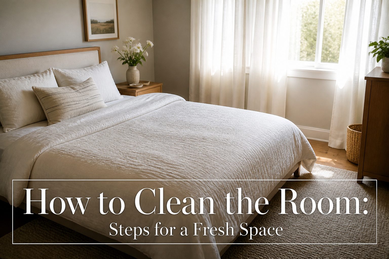 A cleaning caddy filled with a trash bag, laundry basket, microfiber cloths, and cleaner.