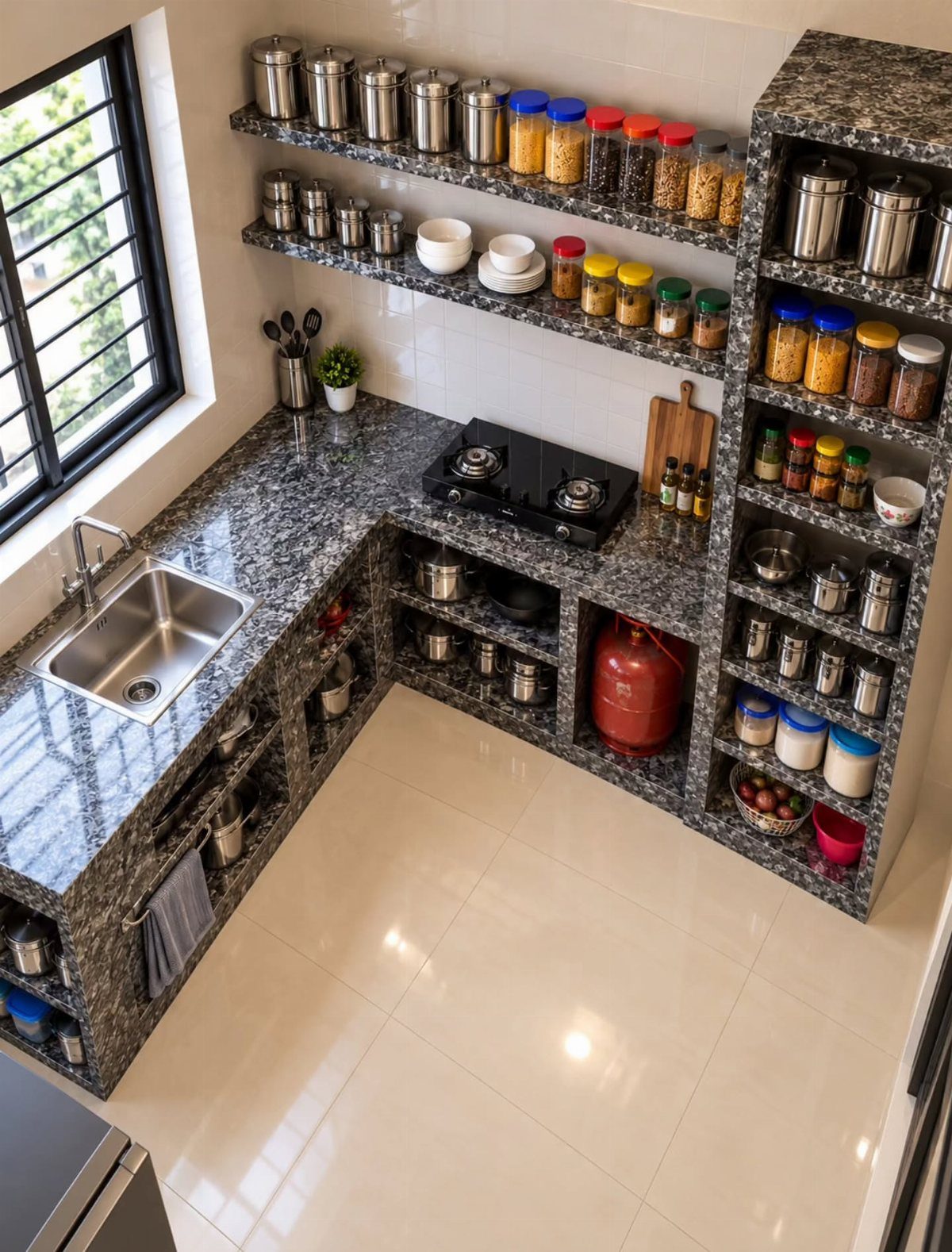 A small L-shaped kitchen with dark granite countertops, open shelves, and a built-in stovetop.