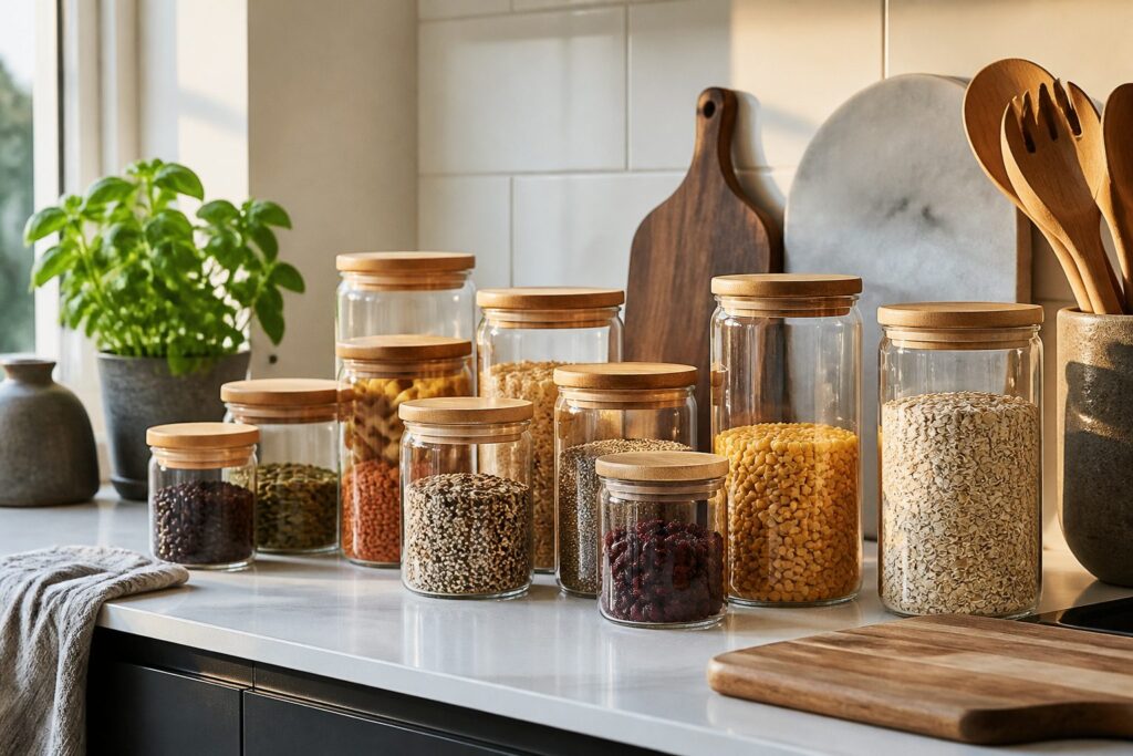 Organized kitchen countertop with glass jars and warm lighting
