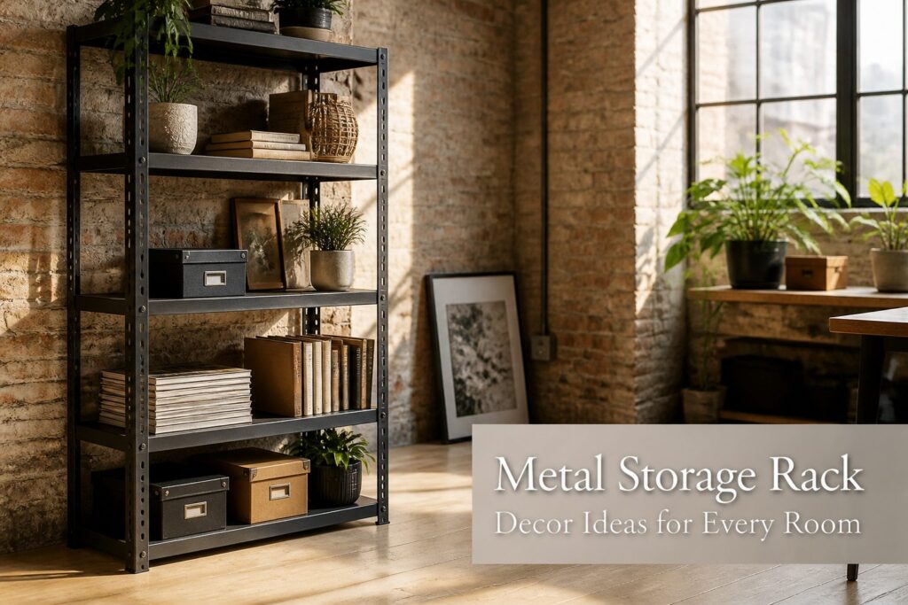 Variety of metal storage racks displayed in different room settings.