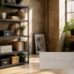 Variety of metal storage racks displayed in different room settings.