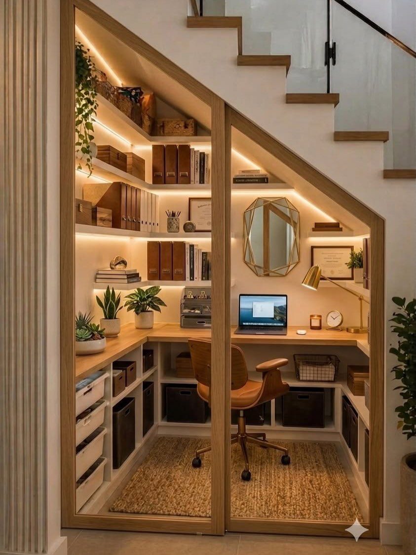 A cozy home office workspace built into the triangular space underneath a wooden staircase.